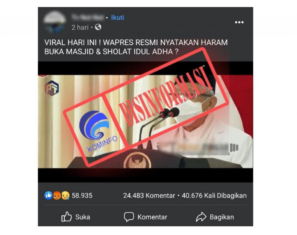 [DISINFORMASI] Wapres Ma'ruf Amin Resmi Nyatakan Haram Buka Masjid dan Sholat Idul Adha